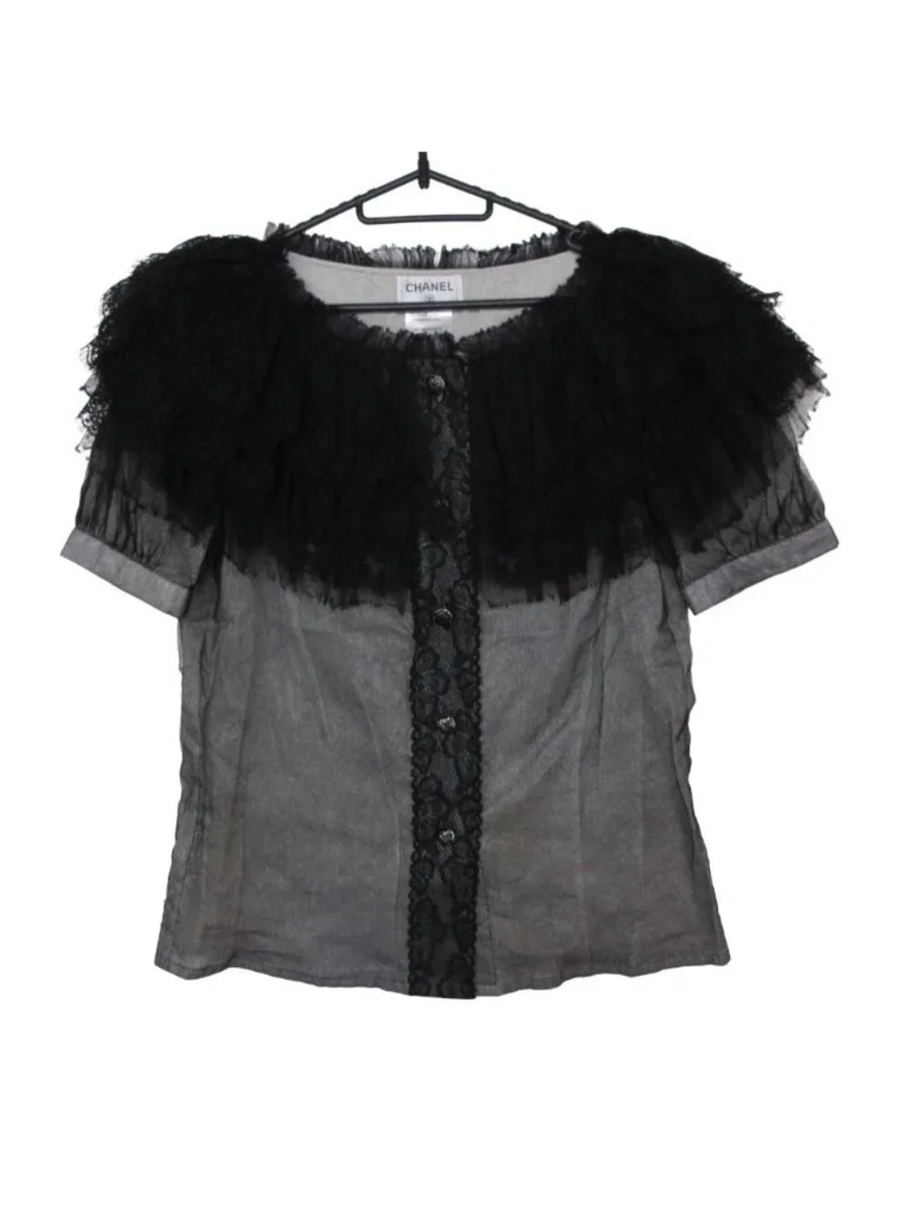 Chanel Blouse Chiffon Quilted Frill See Through Top Short Sleeve Black